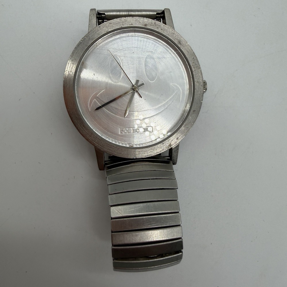 Vtg JOE BOXER Smiley Face Dial Watch 90's Silver Tone Round Needs Battery